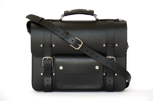 Front Of Black Briefcase With Strap - Rugged Minimalist