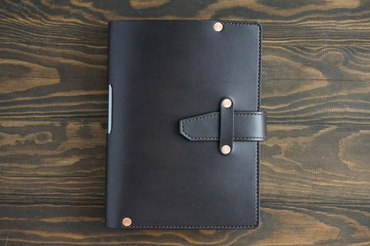 A5 leather journal cover in chocolate brown