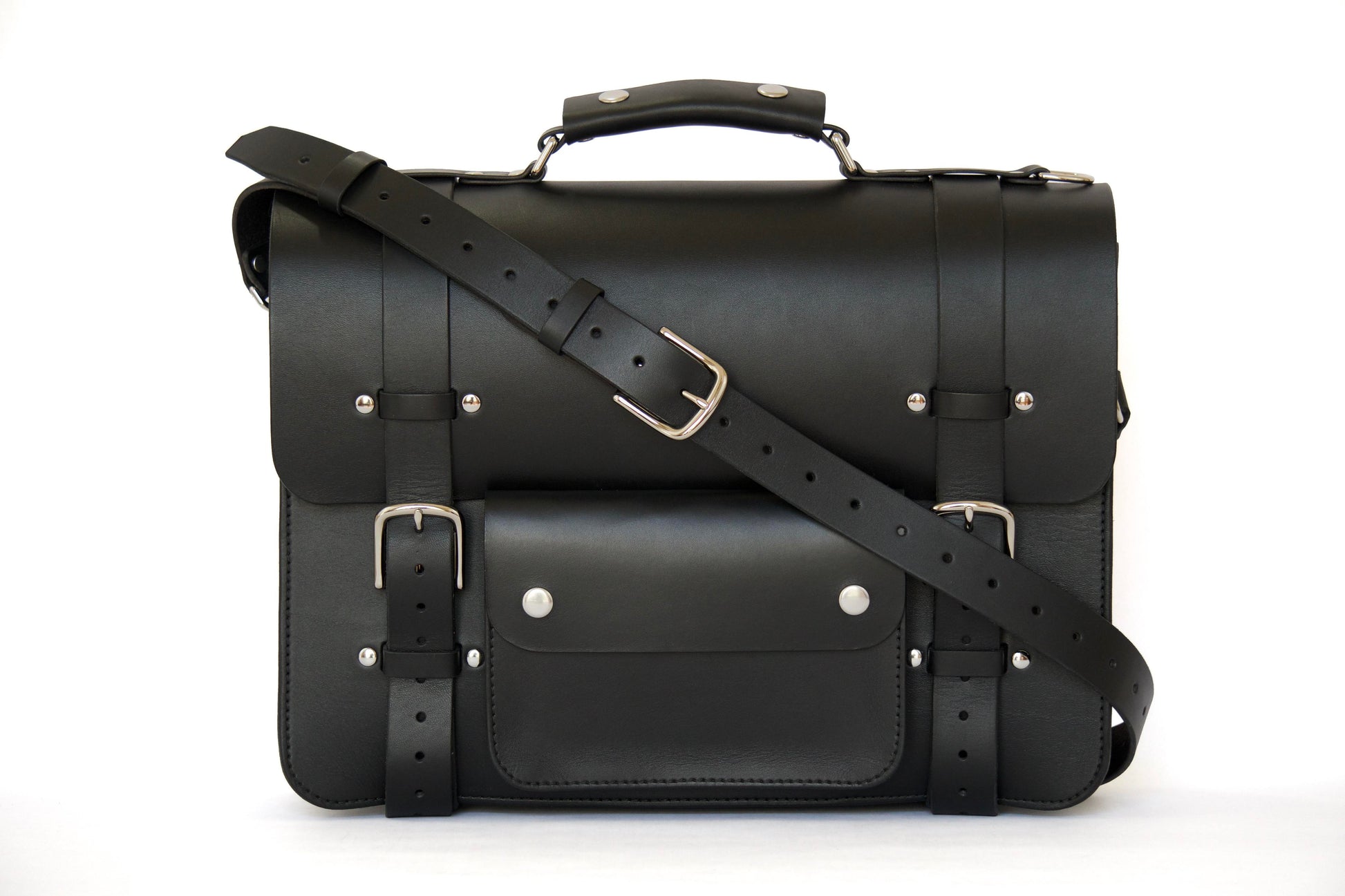 Front Of Black Briefcase With Strap - Rugged Minimalist