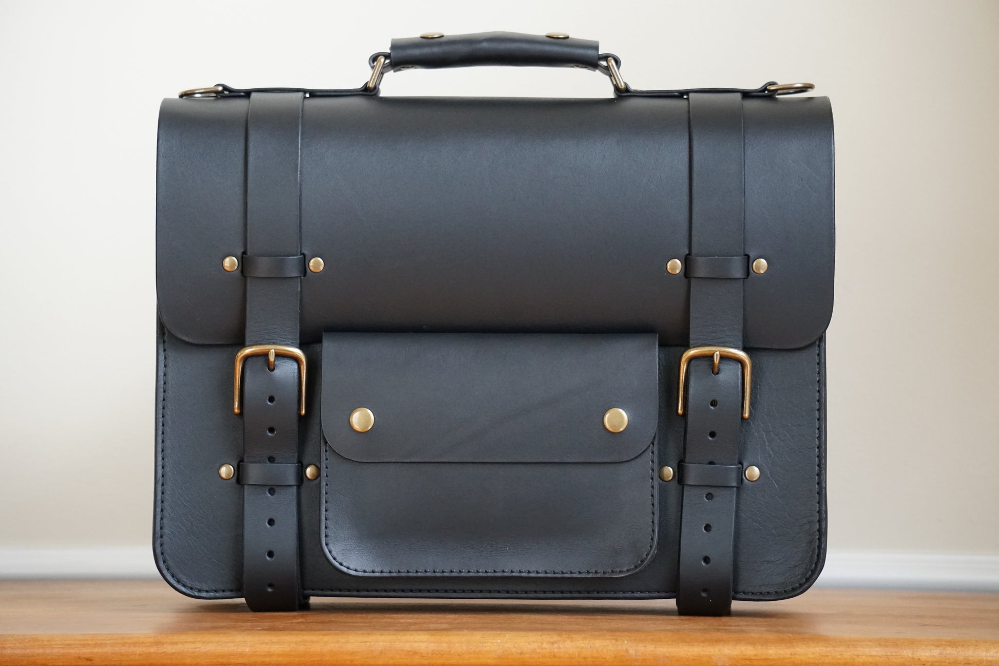 Front of Black Briefcase With Antique Brass Hardware - Rugged Minimalist