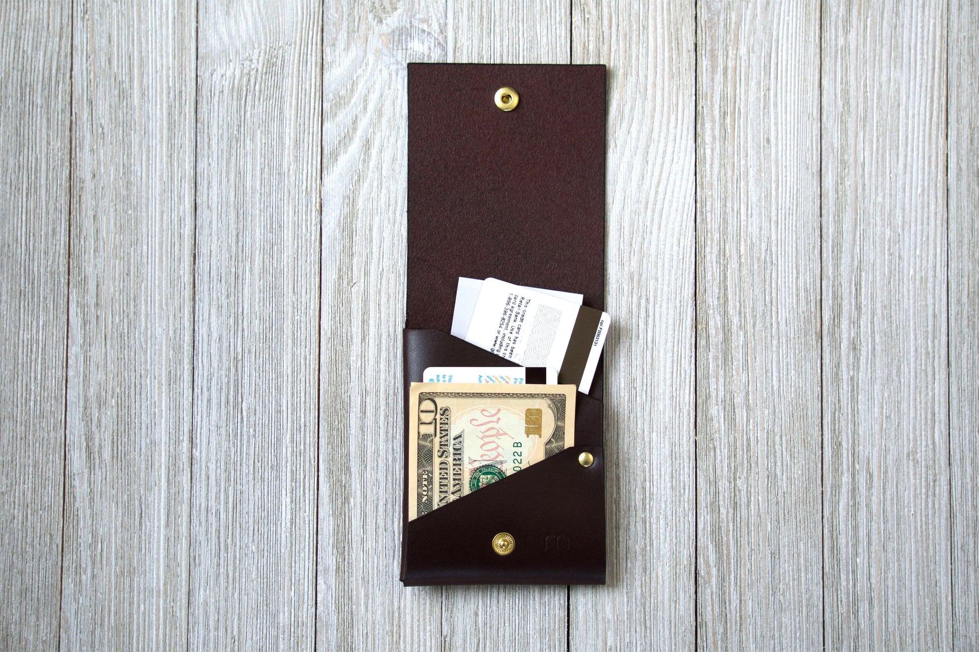 Chocolate Front Pocket Minimalist Wallet Open - Rugged Minimalist
