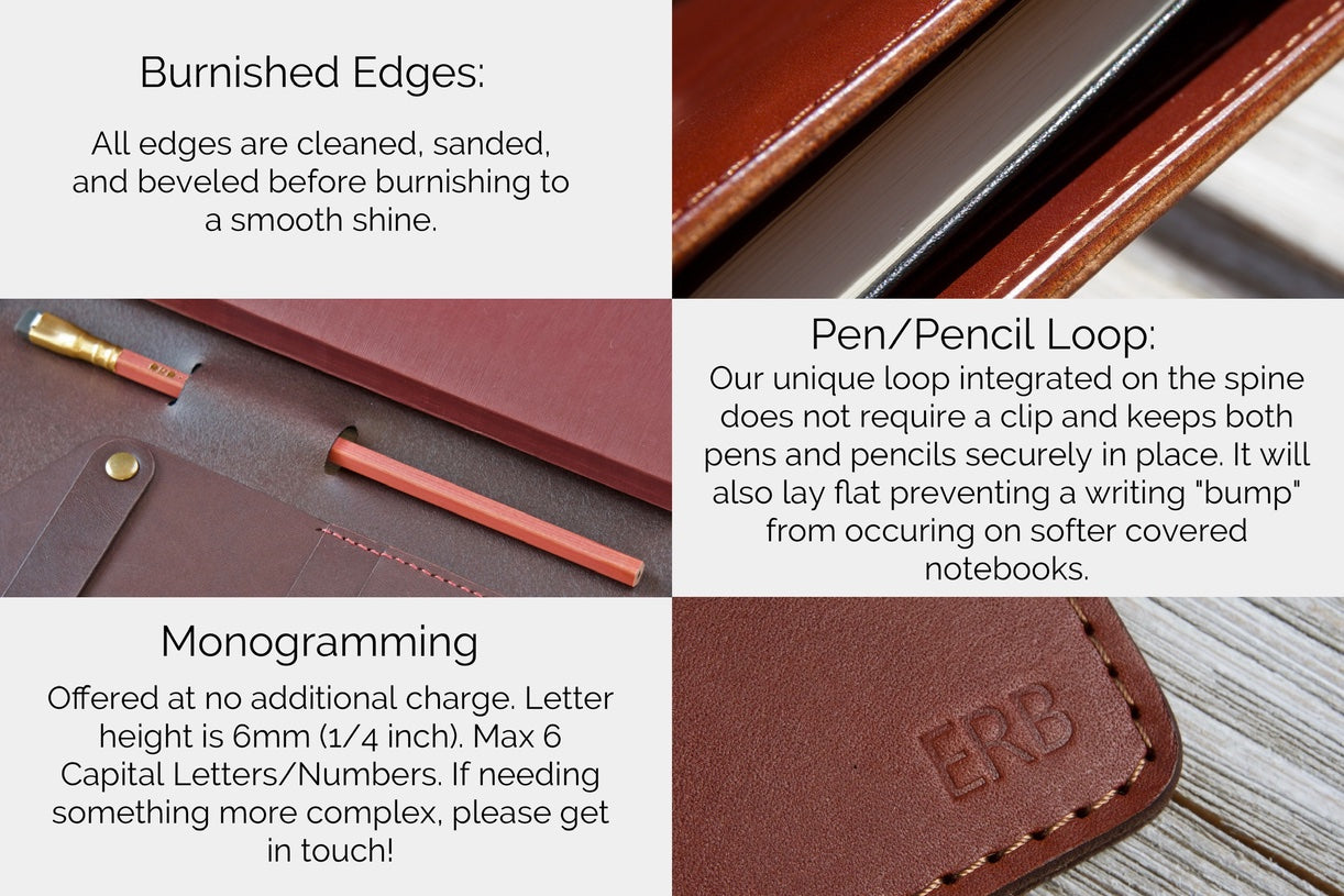 Photo showing features of the notebook including burnished edges, pen/pencil loop, and Monogramming