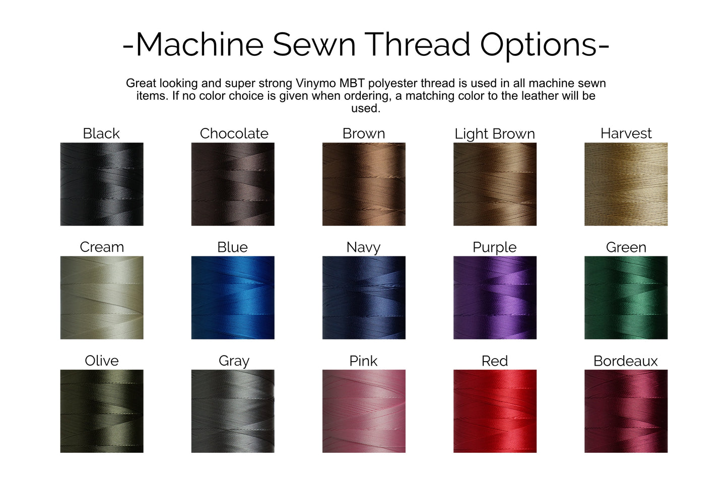 Standard machine sewn thread color options